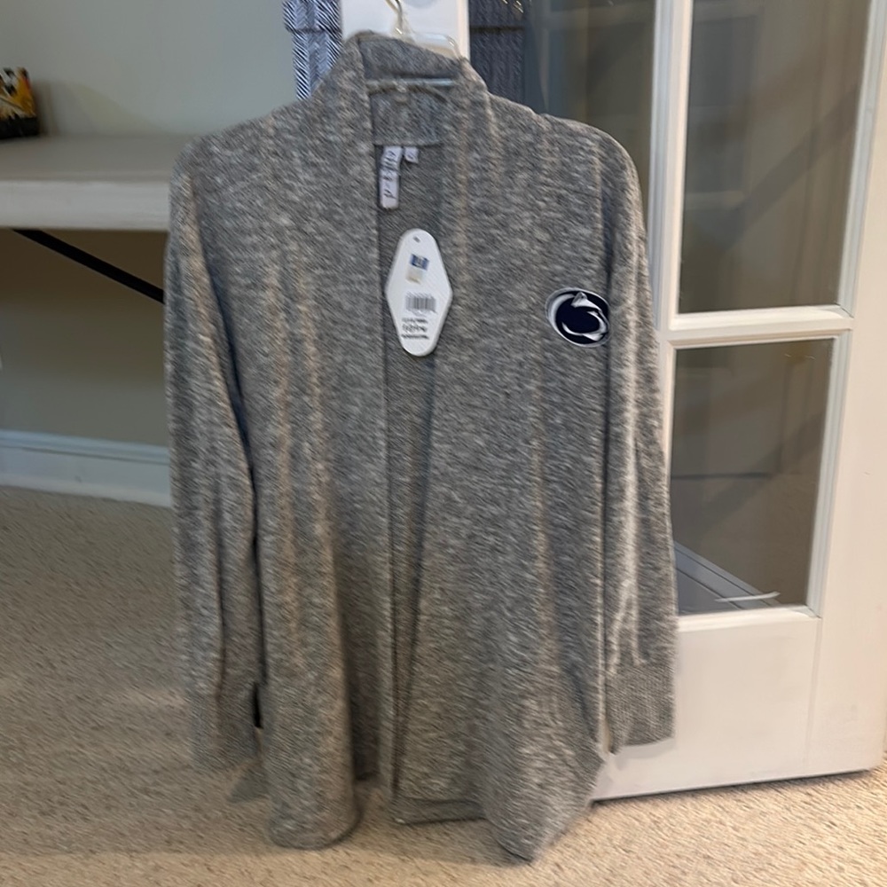 Gray Open Front Cardigan with Emblem